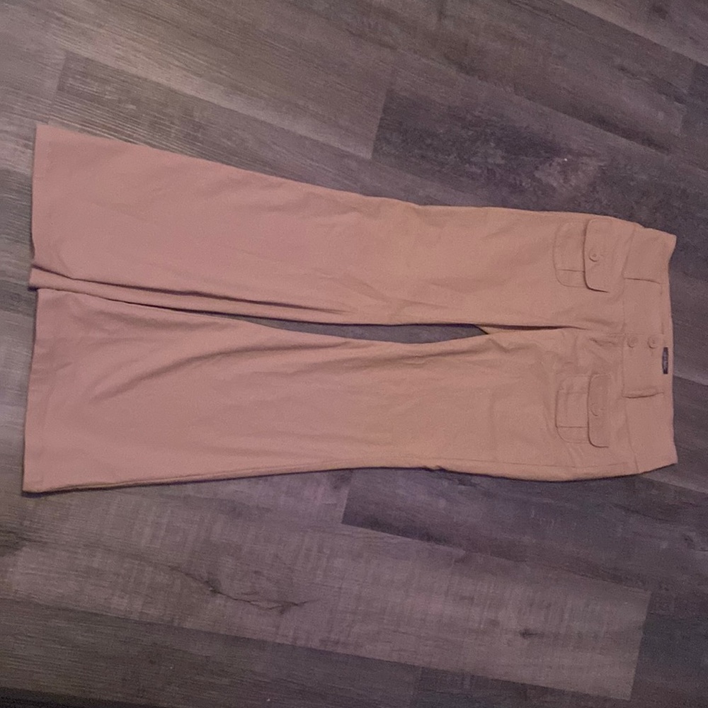 low waisted khakis, bootcut.
